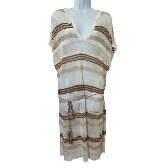 Chicos Crochet Stripe Sheer Belted Dress Swim Coverup Size L Neutral Beachy NWT - Picture 1 of 7